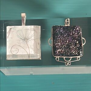 Fused Glass Silver Floral and Iridescent Rainbow Raw Moissanite Square Pendants